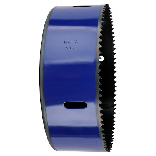IRWIN 373512BX bi-metal hole saw side view, blue body with sharp serrated edge, white background.