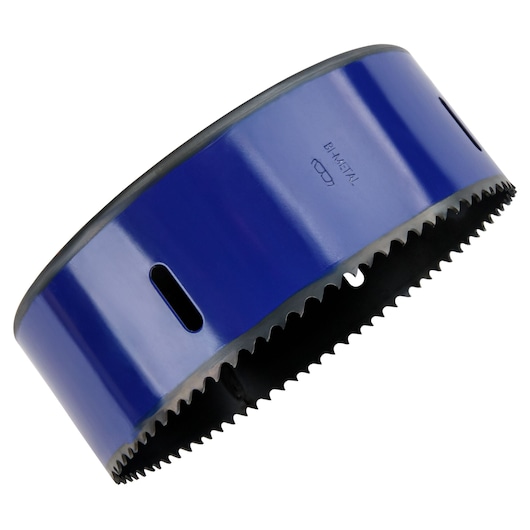 IRWIN 373512BX bi-metal hole saw, blue finish, angled close-up on white background.