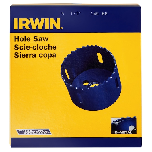IRWIN 373512BX hole saw packaging, yellow and blue box with WeldTec and Bi-Metal branding, front angle.