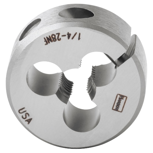 IRWIN round steel die, SKU 3823, silver finish, threaded interior, top angle on white background.
