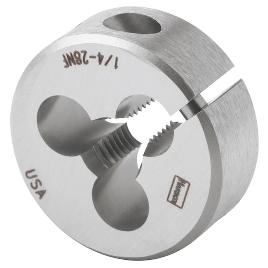 IRWIN round metal die, SKU 3823, for threading, photography, angled view on white background.