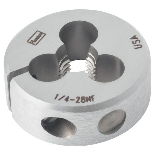 IRWIN 3823 round metal threading die with engraved size 1/4-28NF, product photography on white background.