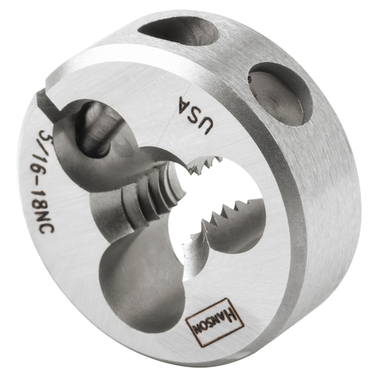 IRWIN 3827 round steel die for threading, front angle on white background