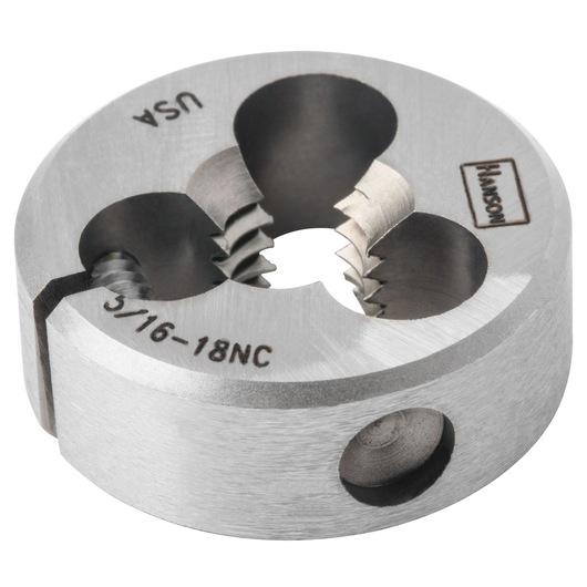 IRWIN 3827 round steel die for threading, 5/16-18NC, silver, photography, angled on white background.