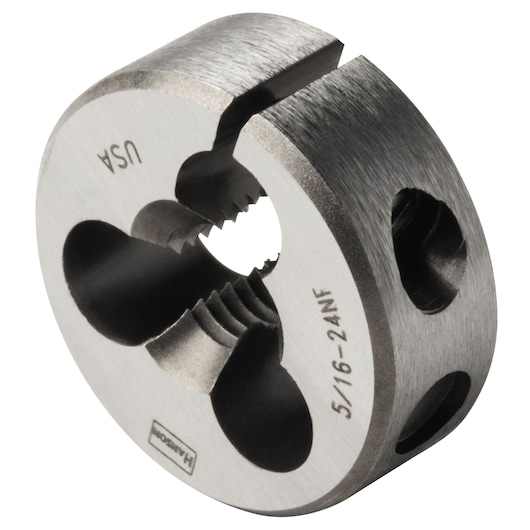IRWIN round steel threading die 5/16-24NF SKU 3829, close-up angle, silver finish, white background.