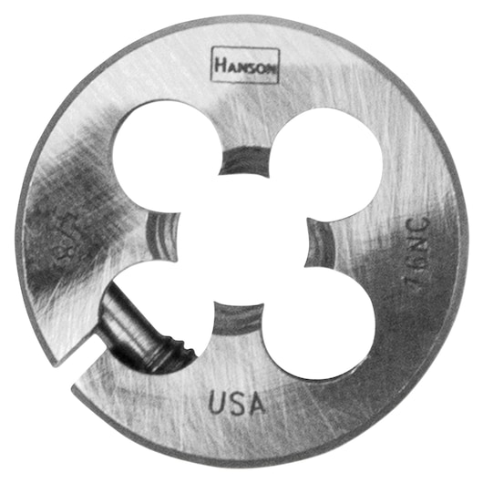 IRWIN 3834 round steel die, silver, front angle, threading tool photography