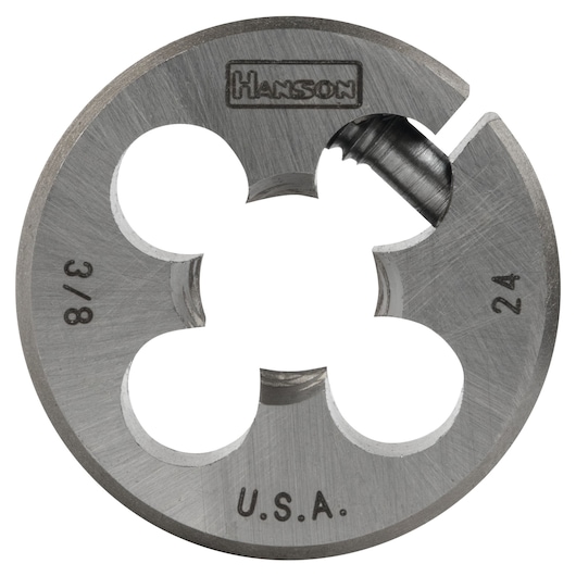 IRWIN 3836 round steel threading die with Hanson branding, viewed from above on white background.