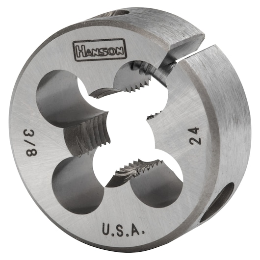 IRWIN Hanson circular steel die 3/8-24, front angle, metallic finish, SKU 3836, photography.