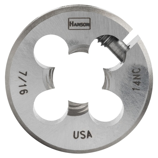 IRWIN Hanson round steel threading die, SKU 3839, top view on white background