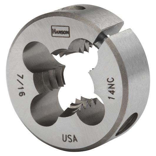 IRWIN Hanson steel round threading die 7/16-14NC, close-up angled view, SKU 3839
