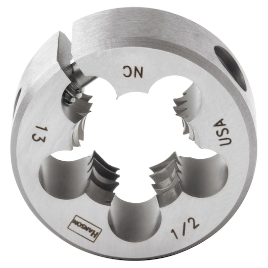IRWIN die 3844 steel round threading tool front angle, marked NC, 1/2, 13, USA.