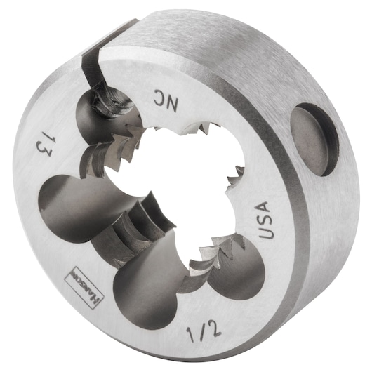 IRWIN 3844 steel round threading die, 1/2 inch, NC, close-up on white background