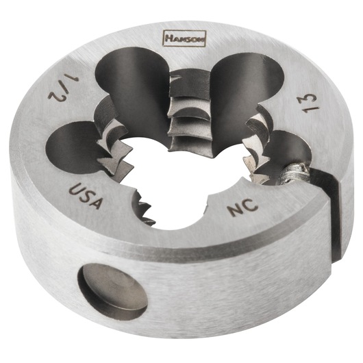 IRWIN 3844 round steel die for threading, silver color, close-up angle on white background.