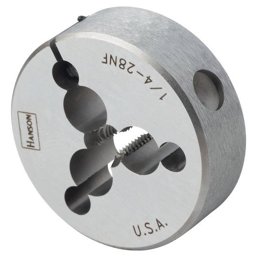 IRWIN round metal threading die 1/4-28NF, Hanson series, close-up angle, SKU 4023.