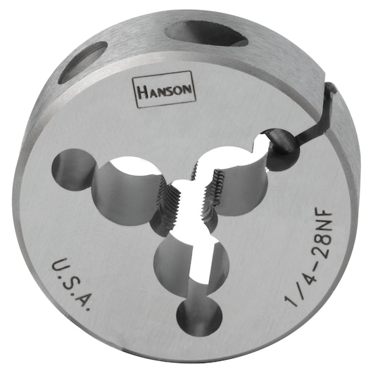 IRWIN 4023 round steel threading die with HANSON label, 1/4-28NF marking, photo on white background.