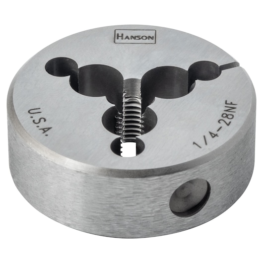 IRWIN die round steel tap U.S.A. HANSON 1/4-28NF SKU 4023 front angle on white background