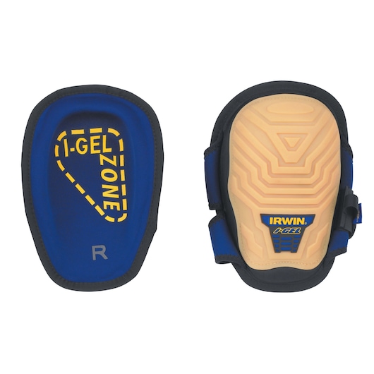 Photo of IRWIN 4033005 gel knee pads, blue and yellow, ergonomic design, front and back view on white background.