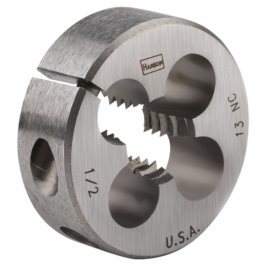 IRWIN 4044 steel round threading die, etched markings, product category Photography, angled view.