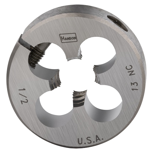 IRWIN SKU 4044 round steel die for threading, front angle, engraved markings visible.