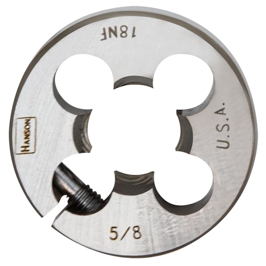 IRWIN 4054 round steel die 5/8-18NF HANSON, front angle on white background.