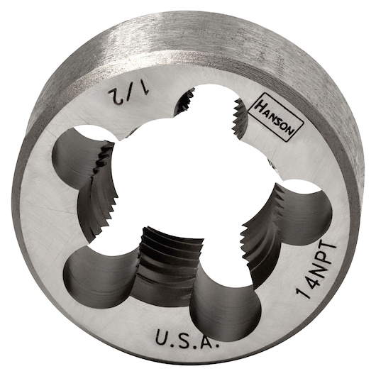 IRWIN 4105 round steel pipe threading die, close-up angle, engraved with size 1/2 and 14NPT.