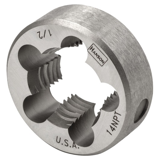 IRWIN 4105 round threading die, steel, marked 1/2 14NPT, close-up on white background.