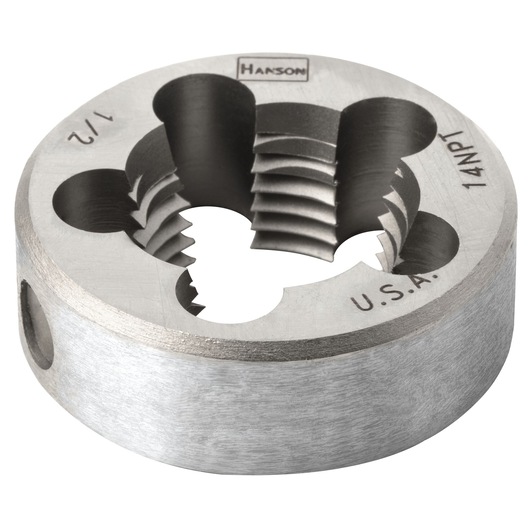 IRWIN 4105 steel round die for cutting 1/2 inch 14 NPT threads, close-up angled on white background.