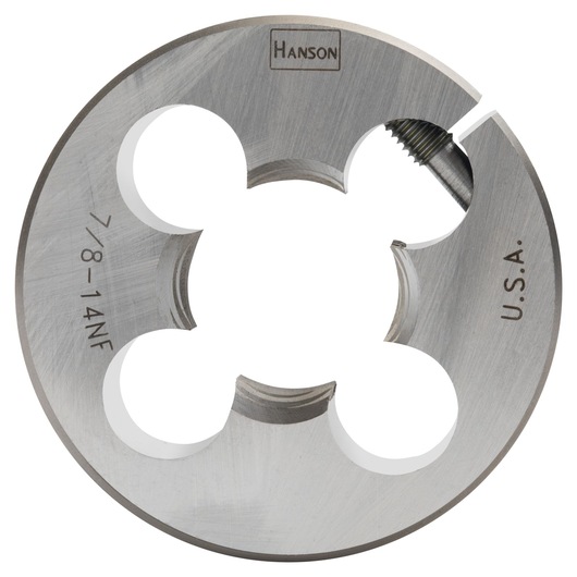 Photo of IRWIN round steel threading die, SKU 4263, 7/8-14NF, silver color, close-up on white background.