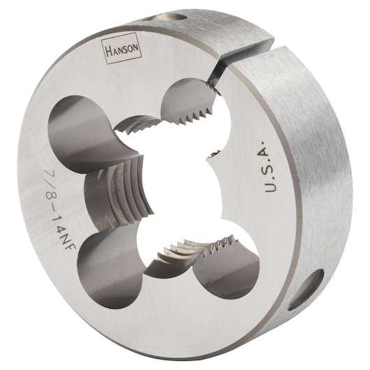 IRWIN round steel die 4263 for threading, size 7/8-14NF, close-up on white background.