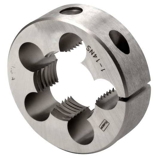 IRWIN 4267 round threading die, silver metal, close-up angled on white background.