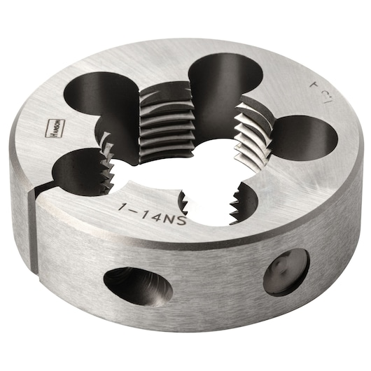 IRWIN 4267 round steel threading die for 1-14NS threads, close-up angle on white background.