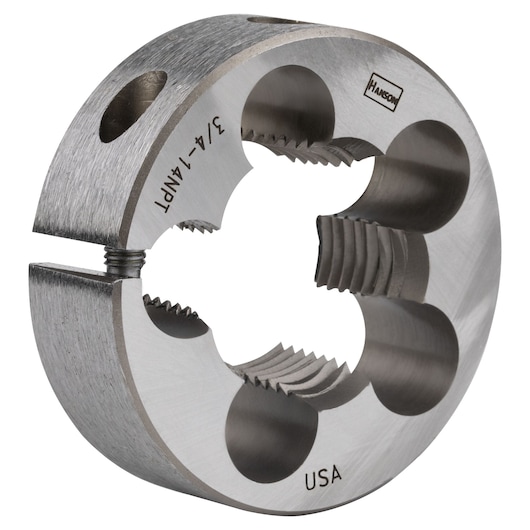 IRWIN 4306 round steel threading die, side angle, silver metallic finish, engraved size and brand marking.