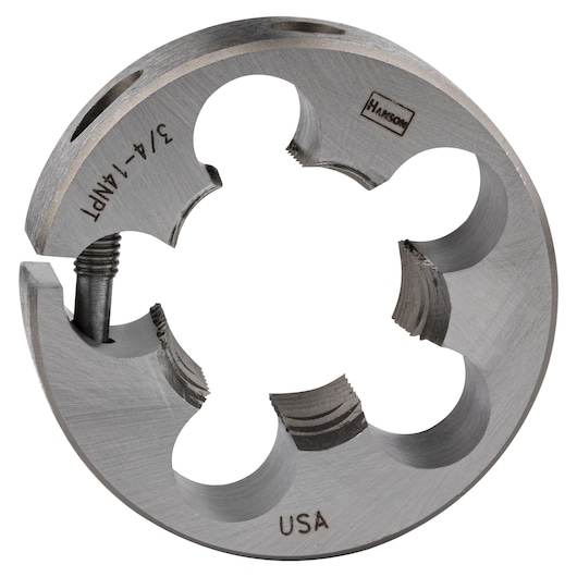 IRWIN 4306 round steel adjustable die for threading, close-up on white background.