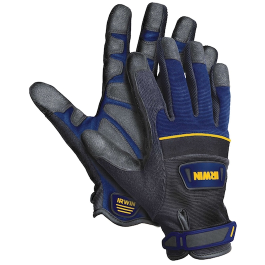 IRWIN 432001 blue and black protective work gloves, palm and back view, photography on white background.