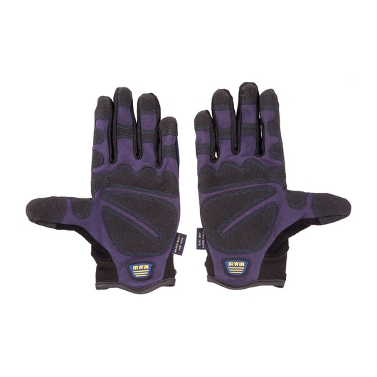 IRWIN 432001 photography of black and purple protective work gloves, palm side, white background.