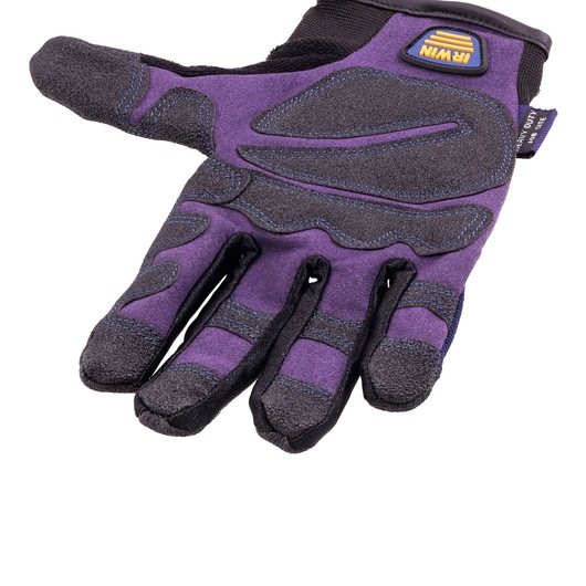 IRWIN 432001 purple and black work glove, palm view, with reinforced padding and stitching.