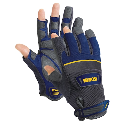 Photo of IRWIN 432003 work gloves, black and blue with gray padding, open finger design, front and back view on white background.