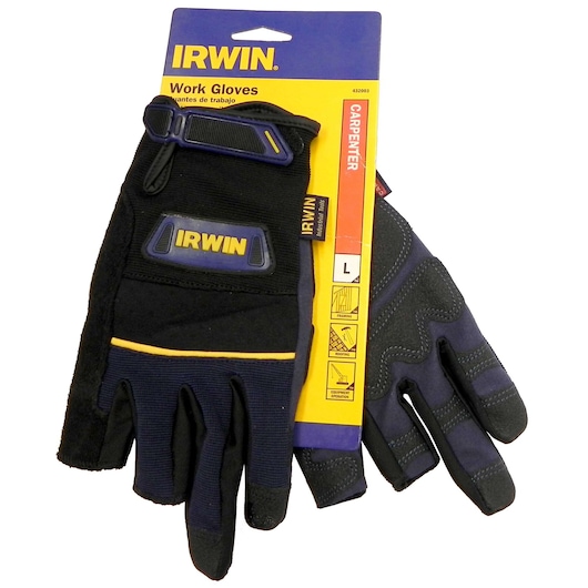 Photo of IRWIN 432003 carpenter work gloves, black with blue and yellow accents, packaging visible, front view.