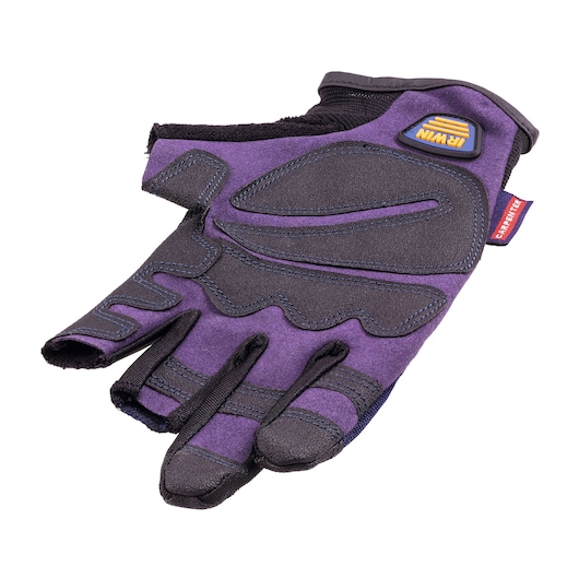 IRWIN 432003 carpenter glove, purple and black, padded design, fingerless style, top view on white background.