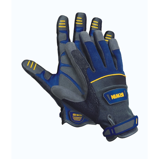 IRWIN 432005 blue and gray work gloves with yellow accents, front angle, white background.