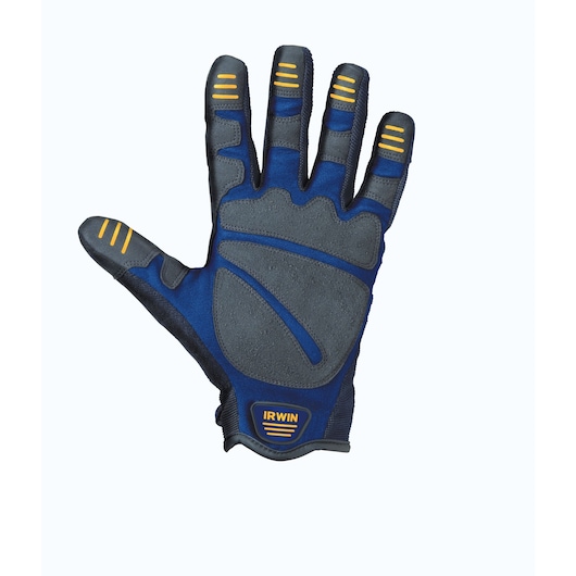 Photo of IRWIN 432005 work glove, blue and gray with yellow accents, palm side view on white background.
