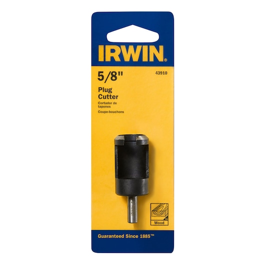 IRWIN 43910 plug cutter for wood, 5/8 inch size, black metal tool in retail packaging, front view on white background.