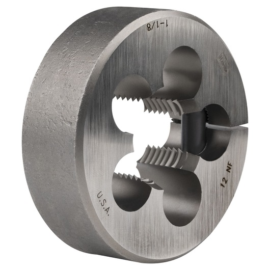 IRWIN round steel die, SKU 4669, photography of threading tool, side angle on white background.