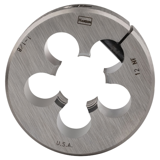 IRWIN Hanson round steel threading die, 1-1/8 inch 12 NF, SKU 4669, front angle photo.