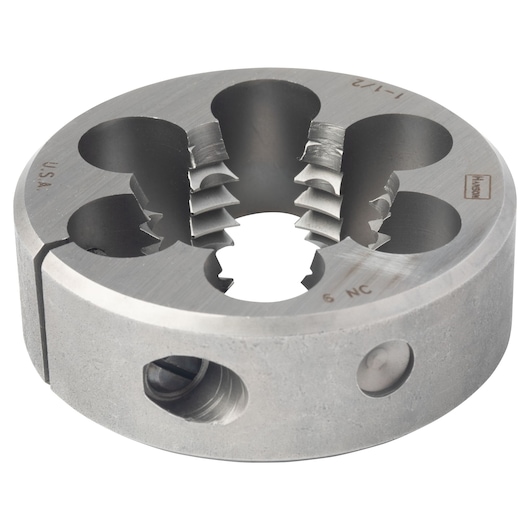 IRWIN 4674 round steel threading die, 1-1/2 inch, NC 6, close-up angle on white background.