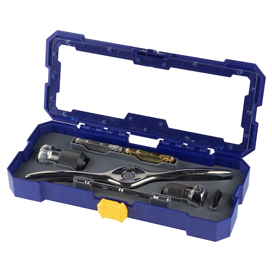 IRWIN tap and die set 4935055 in blue plastic case with open transparent lid, various metal tools visible, angled view.
