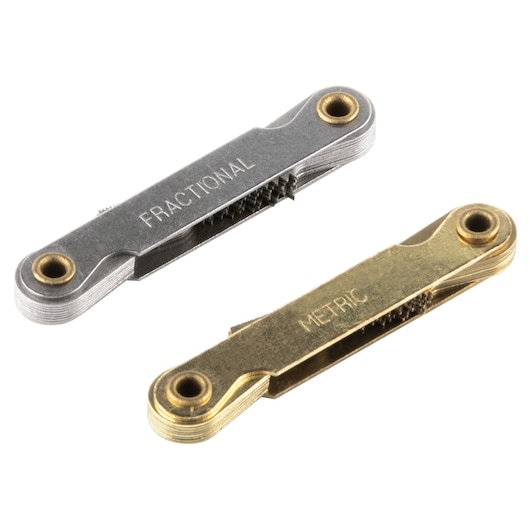 IRWIN 4935055 set of two thread pitch gauges, one silver labeled FRACTIONAL, one gold labeled METRIC, side angle.