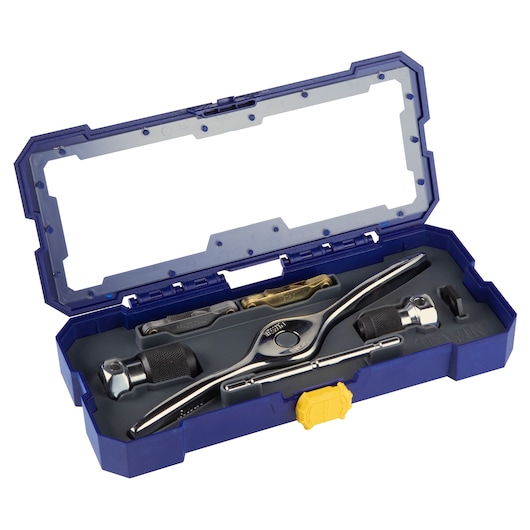 IRWIN 4935055 tap and die set with ratcheting handle, bits, and accessories in a blue plastic case, angled view.