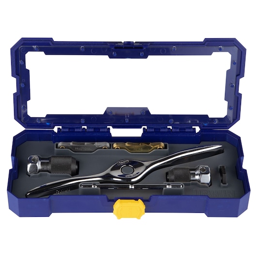 IRWIN 4935055 ratchet wrench set in blue plastic case, top-down view, organized tools with yellow latch.