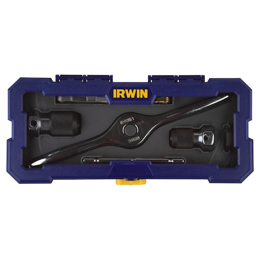 Photo of IRWIN 4935055 tap and die set in blue hard case, top view showing tools organized inside.